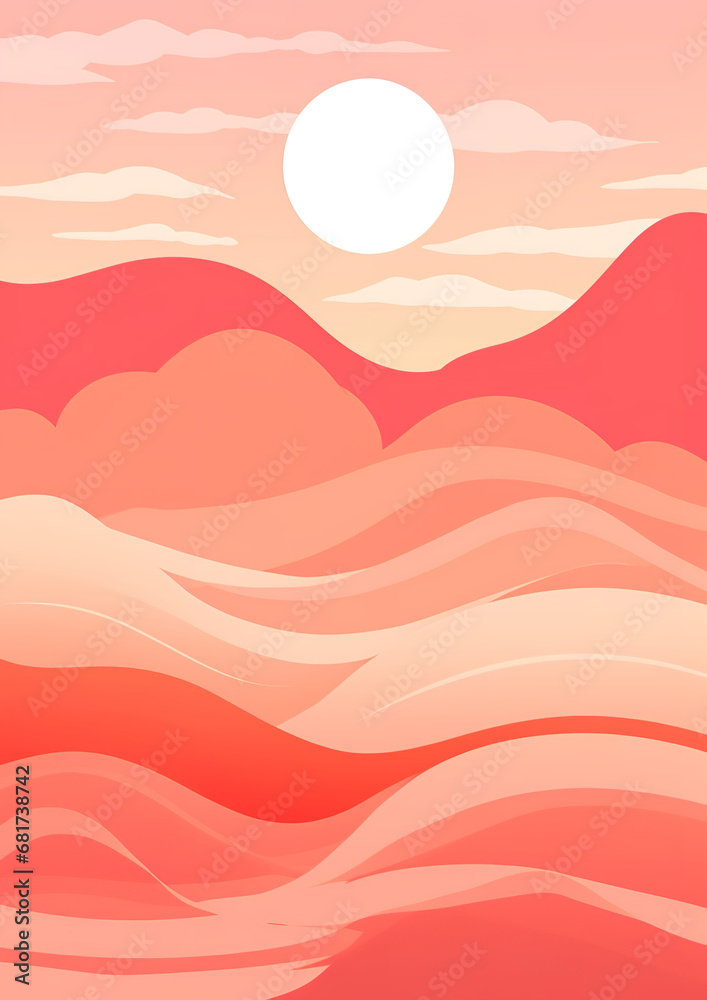A pink painting with an orange sun, in the style of marine biology-inspired, minimalist line art A pink painting with an orange sun, in the style of marine biology-inspired, minimalist line art
