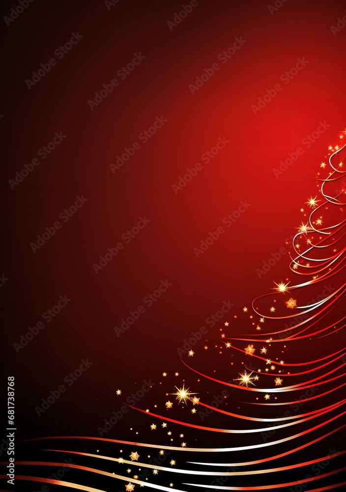 A red background with gold stars and a silver christmas tree, in the style of fluid lines and curves, sparse backgrounds A red background with gold stars and a silver christmas tree, in the style of fluid lines and curves, sparse backgrounds