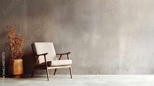 Chair against concrete wall with copy space. Rustic minimalist home interior design of modern living room, Generative AI