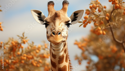 Giraffe standing in the savannah, looking cute and majestic generated by AI © djvstock
