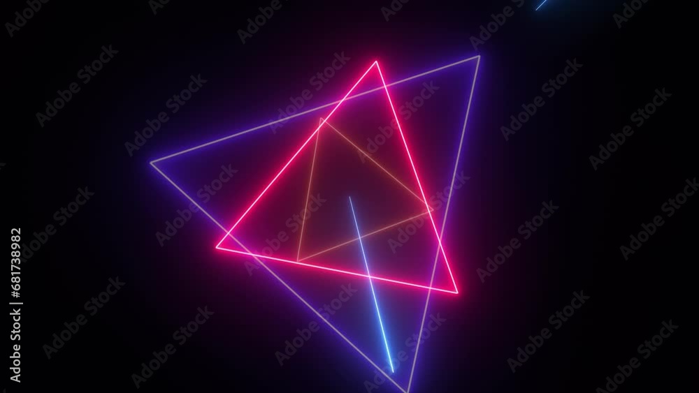 Sci-fi tunnel with neon triangles. An endless flight forward to the stars and the milky way. Modern neon lighting. Seamless loop 3d render in 4K. Sci-fi tunnel with neon triangles. An endless flight forward to the stars and the milky way. Modern neon lighting. Seamless loop 3d render in 4K.