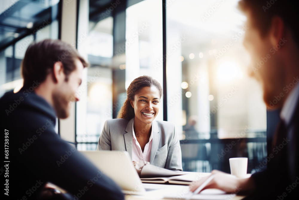 A professional woman smiles confidently during a business meeting in a modern office setting, with colleagues engaged in discussion. A professional woman smiles confidently during a business meeting in a modern office setting, with colleagues engaged in discussion.