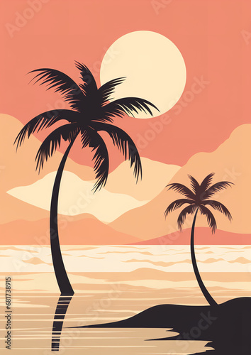 An illustration of a palm tree against a light yellow background  in the style of light pink and orange