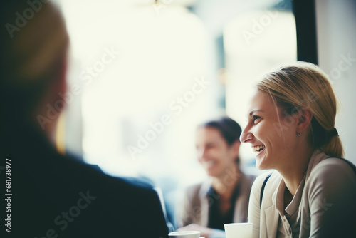  A woman shares a heartfelt laugh during a genuine conversation in a cafe, the image capturing an unfeigned moment of joy and engagement in a real-life setting. photo
