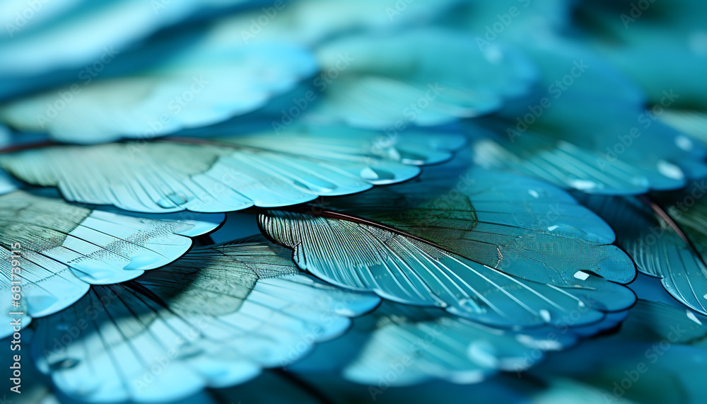 Obraz premium Vibrant peacock feather, nature elegant decoration, flying in blue backdrop generated by AI