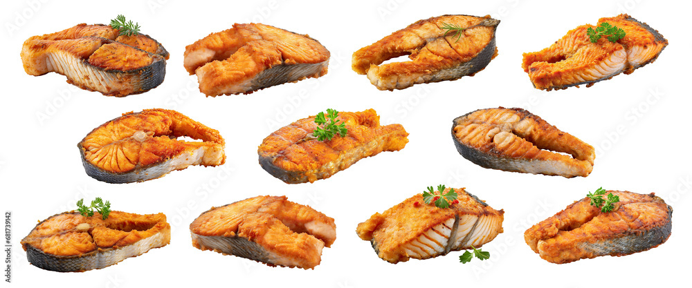 Slices of fried fish isolated on transparent background. Slices of fried fish isolated on transparent background.