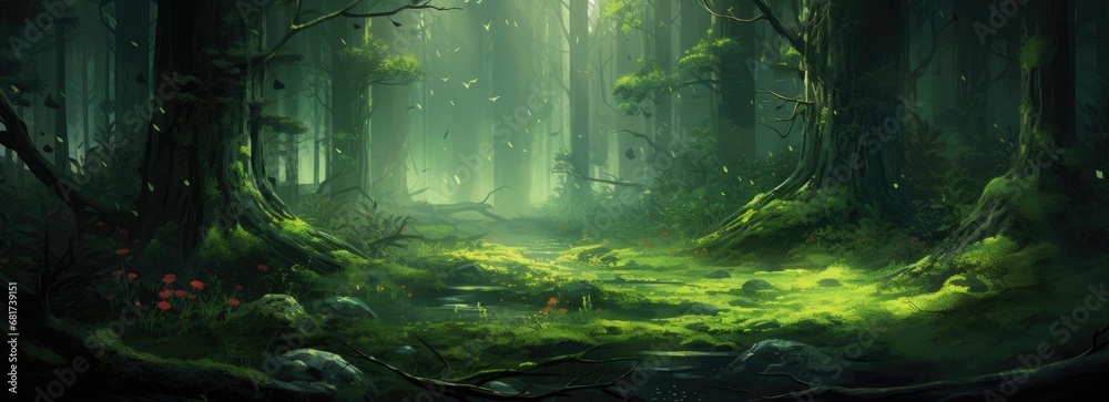 a scene of green trees in a pristine forest Generative AI