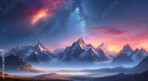 A serene and otherworldly landscape, with towering mountains and a breathtaking sunrise that illuminates the vastness of the cosmos - AI Generative