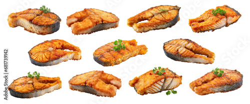 Slices of fried fish  isolated on transparent background.  photo