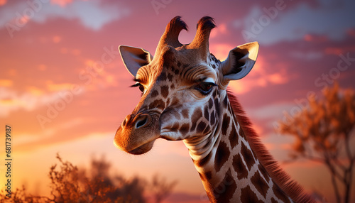 Giraffe in sunset, Africa beauty, wildlife standing, nature portrait generated by AI