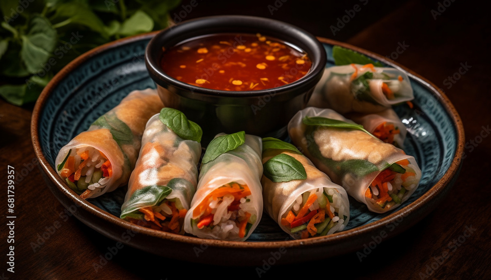 Fresh spring roll with pork and vegetables, a healthy appetizer generated by AI