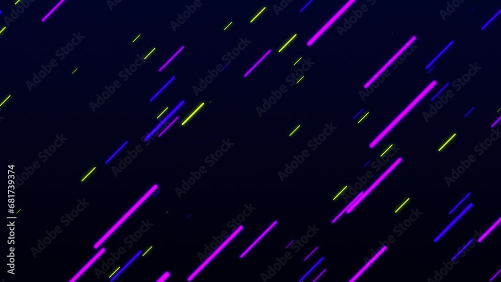 Abstract background with neon lines or lasers and flicker particles on flying stripes. Animation of seamless loop. 4K.