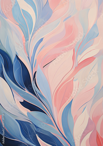 The abstract leaves of a plant and flower in blue and pink, in the style of light beige and blue, organic flowing forms