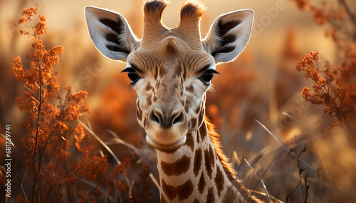 Giraffe standing in the savannah, looking at camera, beautiful sunset generated by AI