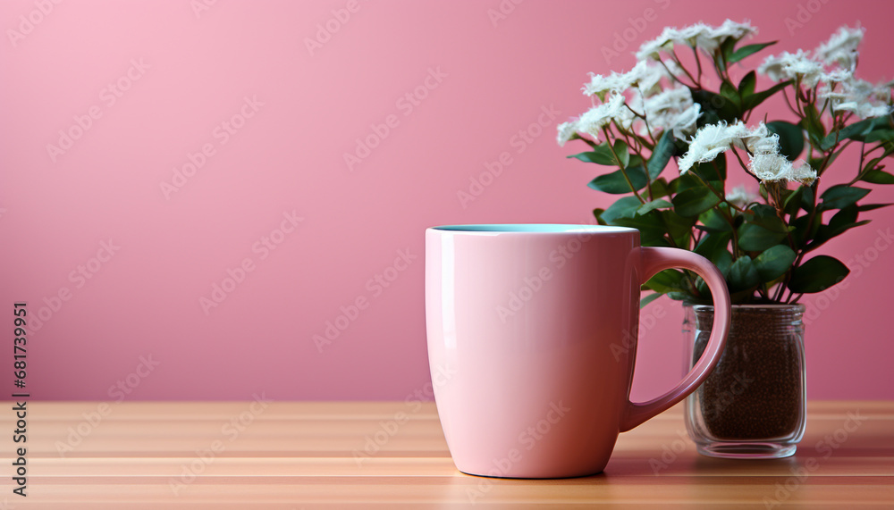 Pink flower in vase on wooden table, fresh coffee drink generated by AI Pink flower in vase on wooden table, fresh coffee drink generated by AI