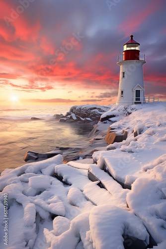 The sunset at the north light point, in the style of photo-realistic landscapes © Nate