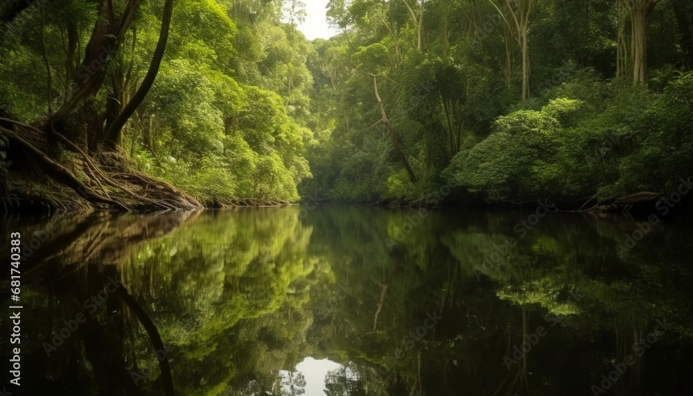 Obraz premium Tranquil scene of a forest pond, reflecting natural beauty generated by AI