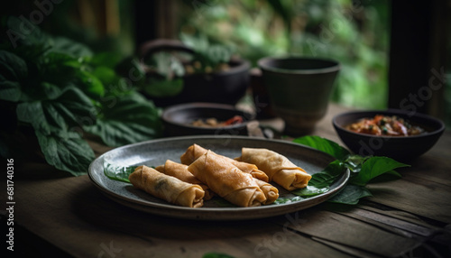 Fresh homemade spring rolls on rustic wooden plate for brunch generated by AI