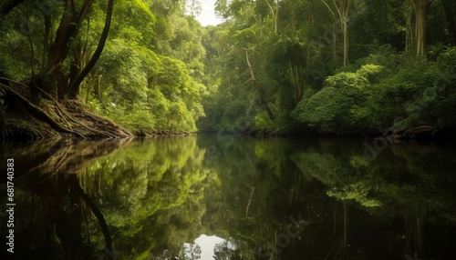 Tranquil scene of a forest pond  reflecting natural beauty generated by AI