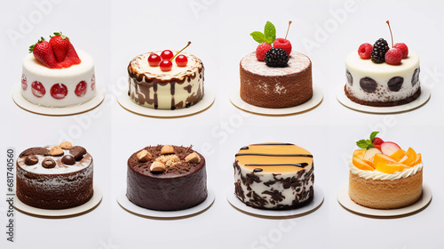 Ten different cakes on a white background