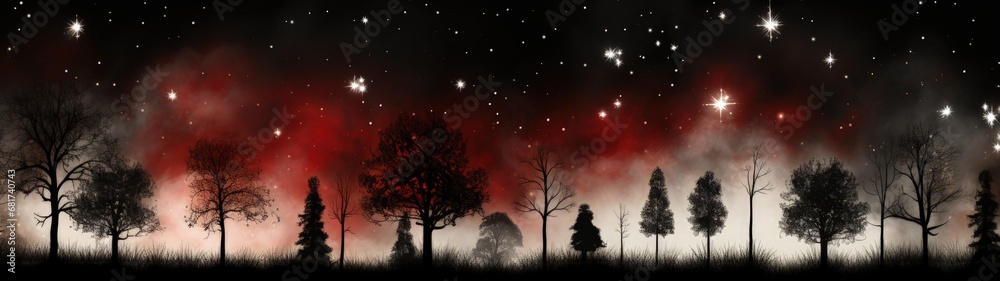 Mystifying Night Scene with Glowing Sky and Silhouetted Trees