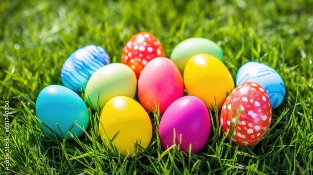 A close-up shot of colorful Easter eggs arranged on lush green grass