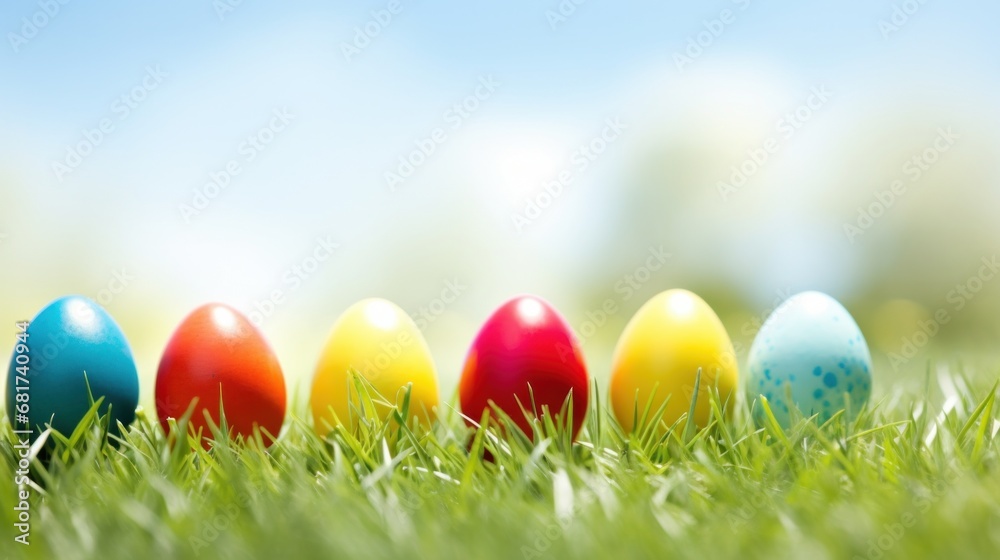 A close-up shot of colorful Easter eggs arranged on lush green grass A close-up shot of colorful Easter eggs arranged on lush green grass