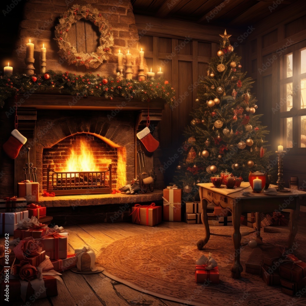 decorated Christmas tree, presents, and a roaring fire in the fireplace decorated Christmas tree, presents, and a roaring fire in the fireplace