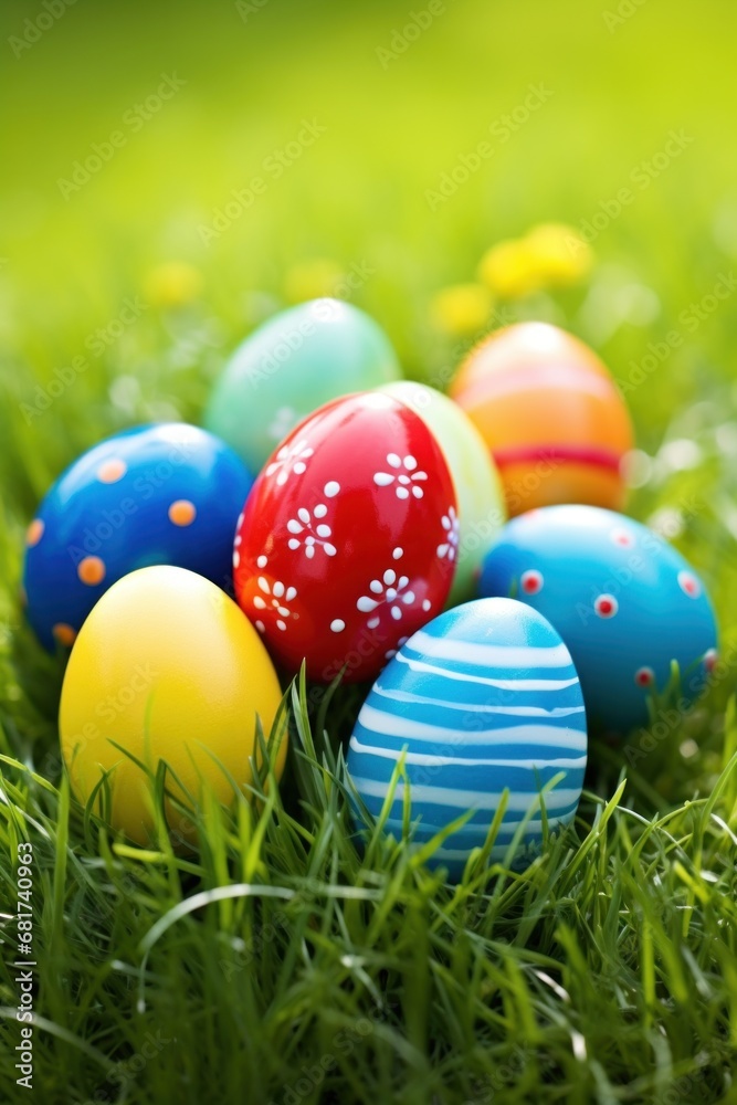 A close-up shot of colorful Easter eggs arranged on lush green grass