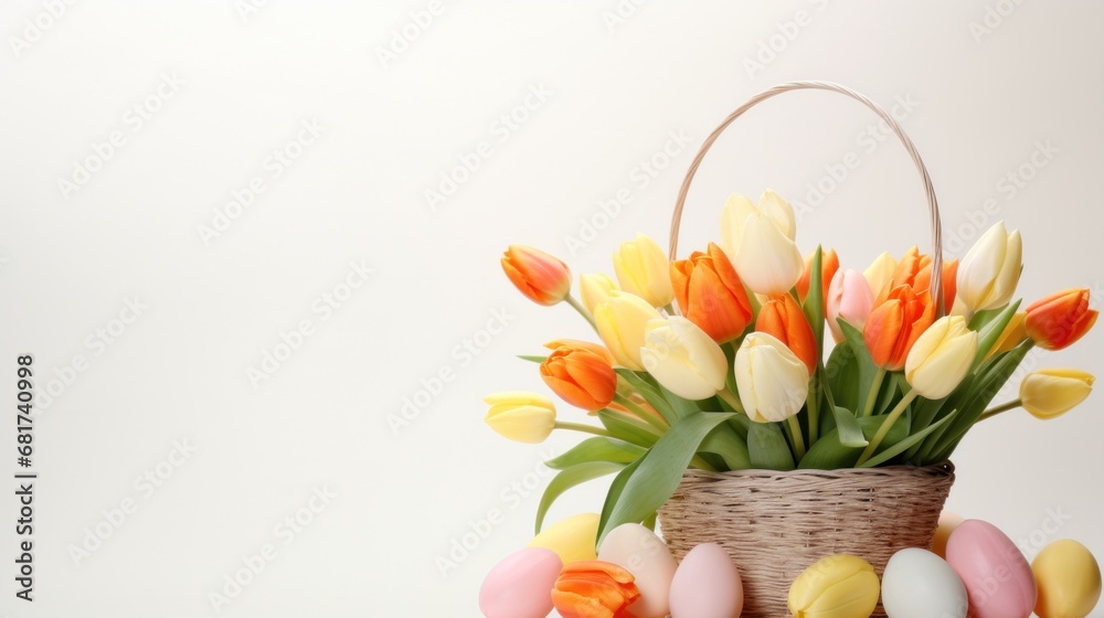 an Easter basket filled with eggs and surrounded by blooming tulips, with plenty of copy space