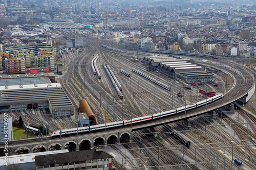 Panoramic view of the city of Zürich, the main station und railway-system from the future highest skyscraper of Switzerland. photo