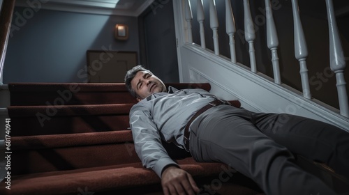Convey the gravity of indoor accidents! An unconscious man lies after falling down stairs. Illuminate the importance of safety and emergency response with this impactful stock image photo