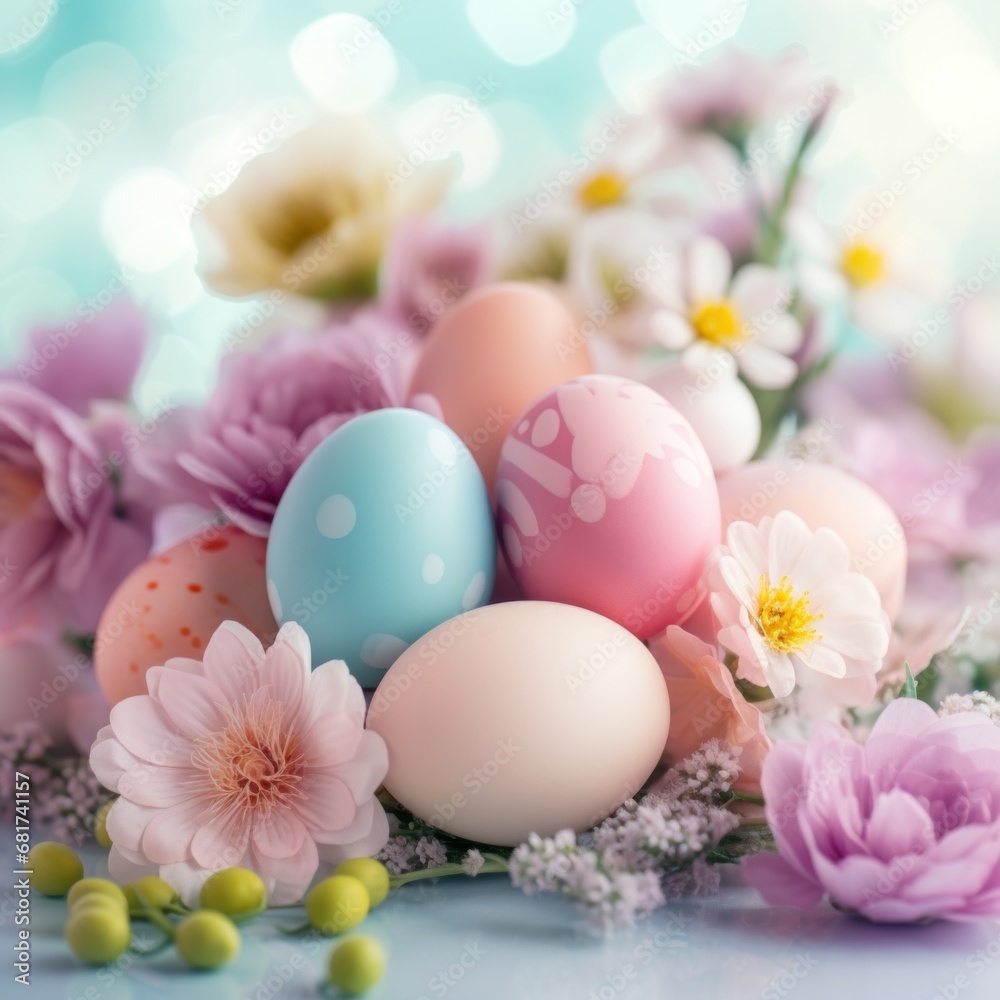 A beautiful shot of pastel-colored Easter eggs arranged on a bed of flowers,