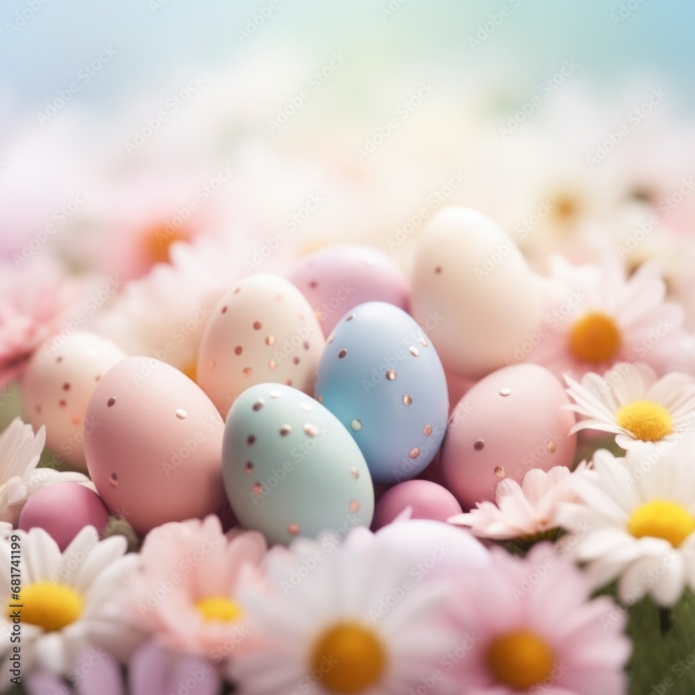 A beautiful shot of pastel-colored Easter eggs arranged on a bed of flowers,