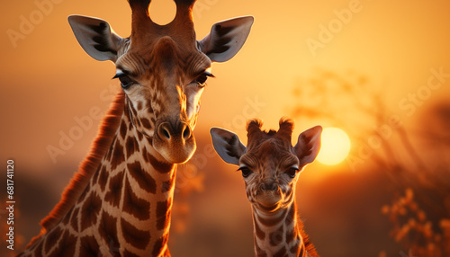 Cute giraffe standing in the African savannah at sunset generated by AI