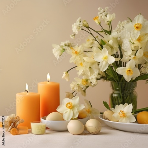 An elegant Easter-themed setup featuring flowers, candles, and decorations,