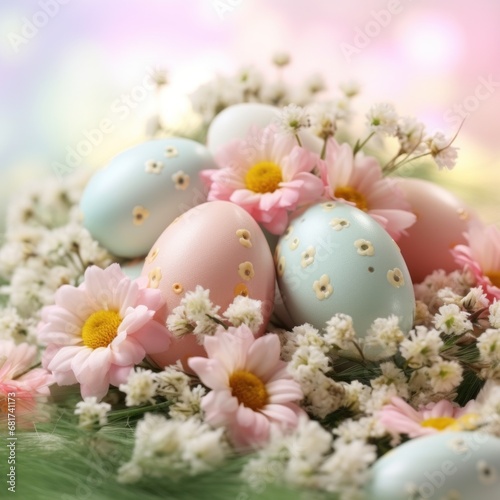 A beautiful shot of pastel-colored Easter eggs arranged on a bed of flowers, © olegganko