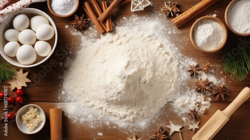 baking supplies, flour, sugar, cookie cutters, and a rolling pin, for the Chr...
