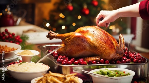 preparing a Christmas dinner, a turkey in the oven, vegetables being chopped