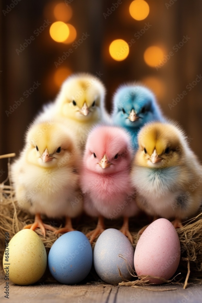 fluffy Easter chicks and colorful eggs set against a rustic background.