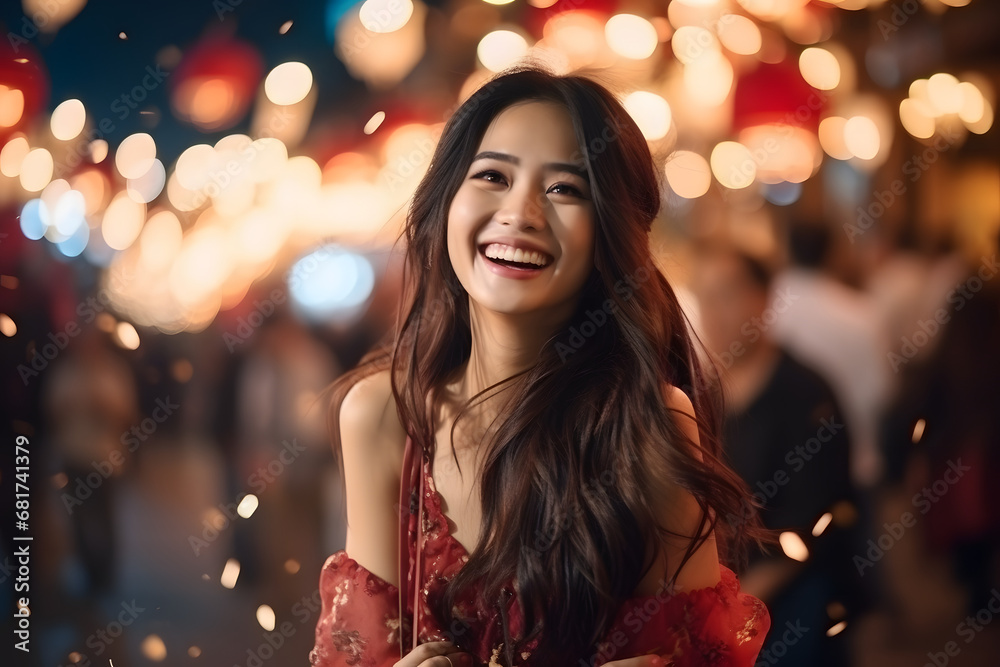 young Chinese women laugh and diner with their friend, wearing cheongsam, chinese new year young Chinese women laugh and diner with their friend, wearing cheongsam, chinese new year