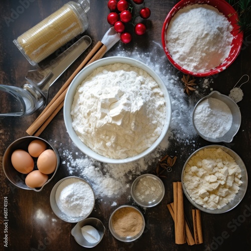 baking supplies, flour, sugar, cookie cutters, and a rolling pin, for the Chr...
