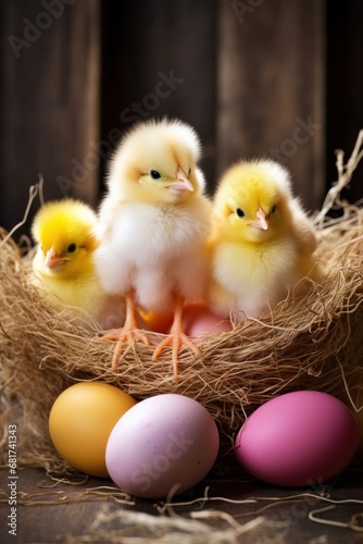 fluffy Easter chicks and colorful eggs set against a rustic background.
