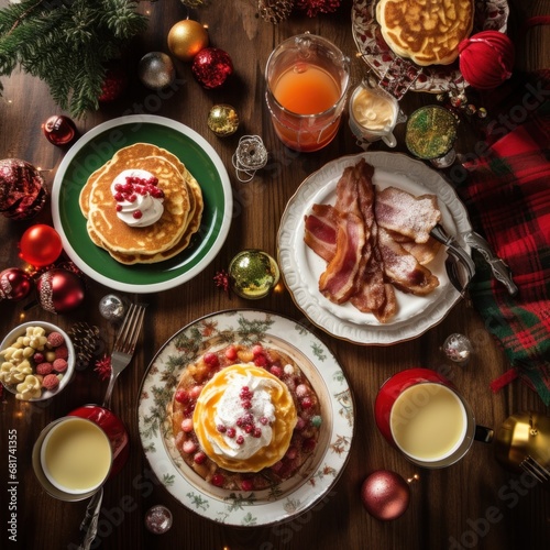 table set with Christmas-themed crockery, including pancakes, eggs, bacon, and hot cocoa.