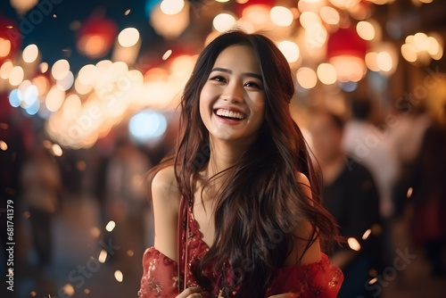 young Chinese women laugh and diner with their friend, wearing cheongsam, chinese new year