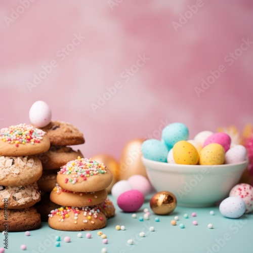 Easter-themed cookies, cupcakes, and other treats, set against a colorful bac...
