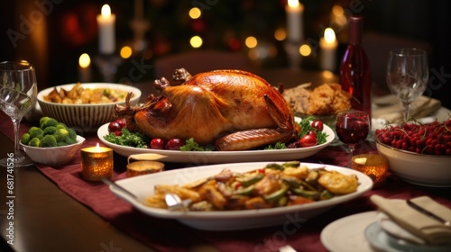 beautifully decorated dining table with a roasted turkey, cranberry sauce, an...