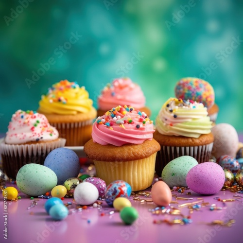 Easter-themed cookies, cupcakes, and other treats, set against a colorful background with copy space