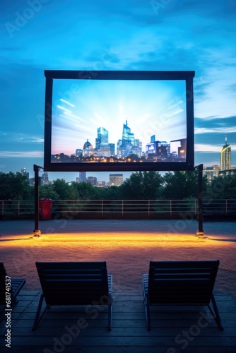 cinema screen with a cityscape in the background