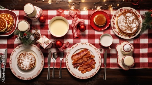 table set with Christmas-themed crockery, including pancakes, eggs, bacon, an...